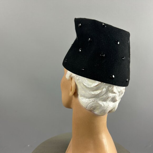 1940s Black Felt Military Hat w/ Jet Beads | Tall Vintage New York Creation Hat main image 4